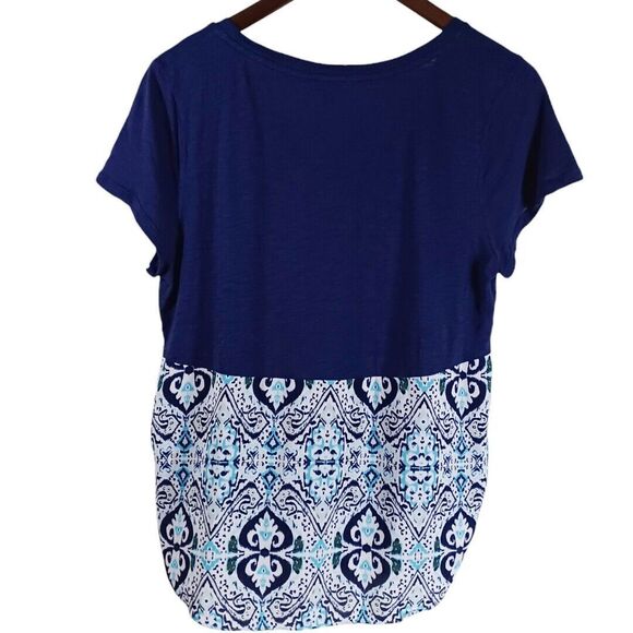 Express Women's Boho Blue Semi Sheer Layered Short Sleeve Ikat Hem Top Size M - Picture 6 of 8